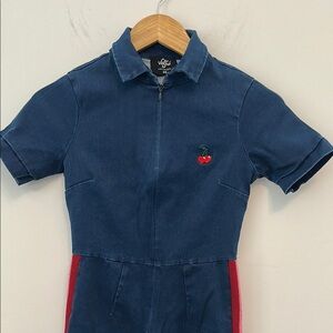 Valfie Women's Denim Blue Jumpsuit with Red and Yellow Stripes, Cherry Patch XS